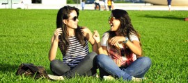 two girls laughing