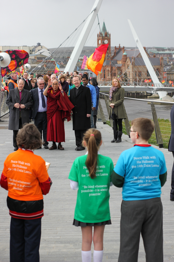 HH Dalai Lama and Richard Moore walk the Peace Bridge in Derry - City of Culture 2013 by Patrick Bridgeman © 2013
